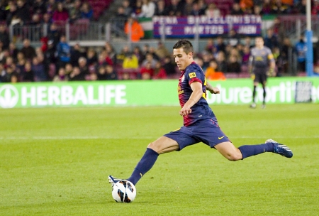 BARCELONA - APRIL 6: Cristian Tello in action at Spanish league match between FC Barcelona and RDC Mallorca, final score 5-0, on April 6, 2013, in Barcelona, Spainのeditorial素材