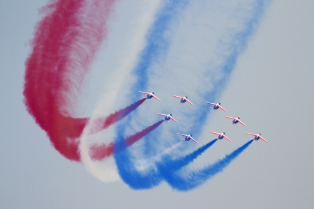 Unidentified pilots of Patrouille de France perform acrobatics during the aerial plane exhibition Festa al Cel festival, on October 2, 2011 in Barcelona, Spainのeditorial素材