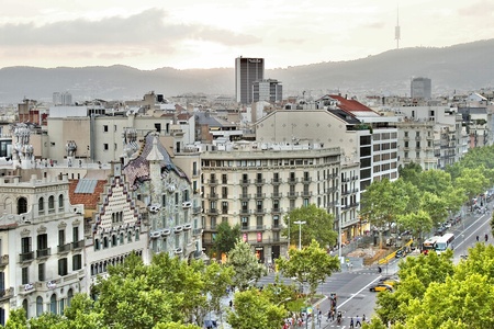Aerial view of casa Batllo, designed by Antoni Gaudi, and Casa Ametller, designed by Josep Puig i...