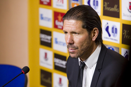 Diego Simeone, coach of Atletico, in press room after Spanish Cup match between Sant Andreu and Atletico de Madrid, 0-4, on December 7, 2013, in Barcelona, Spainのeditorial素材