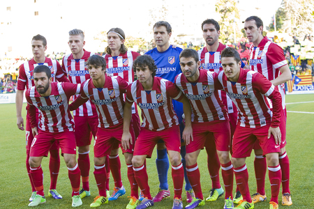 Atletico players posing for photos before the Spanish Cup match between Sant Andreu and Atletico de Madrid, final score 0-4, on December 7, 2013, in Barcelona, Spainのeditorial素材