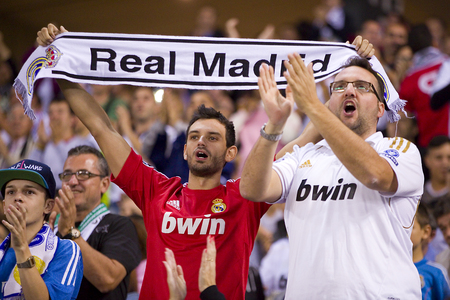 Real Madrid supporters at the Spanish Cup match between UE Cornella and Real Madrid, final score 1 - 4, on October 29, 2014, in Cornella, Barcelona, Spainのeditorial素材