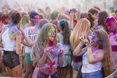 Some unidentified young people at Holi Festival, on July 31, 2017, in Alella, Barcelona, Spain
