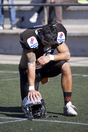 American football match between Badalona Dracs and Valencia Firebats, 48-6, on February 11, 2018, in Badalona, Spain.のeditorial素材