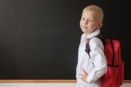 Back to school. Cute little boy at blackboard. Child from elementary school with bag. Education concept.の写真素材