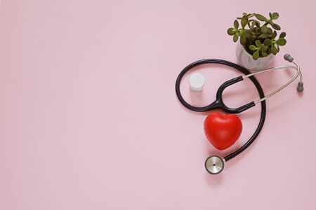 Doctors workplace, medicine flat lay: stethocrope, termometer, glucometer. Copy spaceの写真素材
