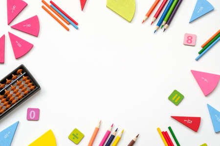 Back to school white background with place for text. Mathematics education equipment tools. Study...