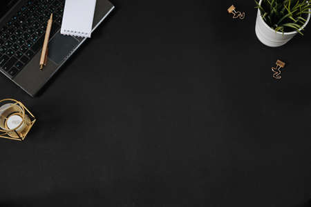 Black background with office stationary mock up for your design, flat lay with copy spaceの写真素材