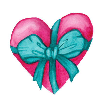 Watercolor hand draw heart with bow.の写真素材