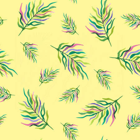 Color jungle palm leaves, tropical leaf on yellow background, watercolor botanical illustration.の写真素材