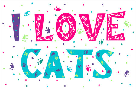 I love cats - hand drawn doodle vector lettering. Greeting card or poster design.のイラスト素材