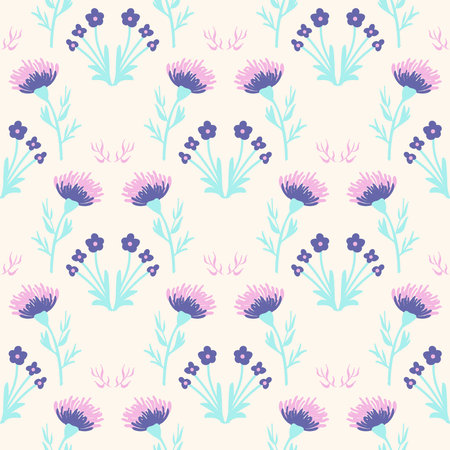 Very peri flower pattern. Flowers cornflower or thistle in very peri and pink color. Summer seamless background. Hand drawn natural fabric design.のイラスト素材