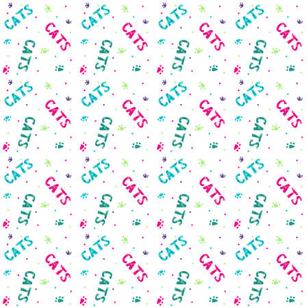 Cats pattern. Lettering in blue, green and pink color. Summer seamless background. Hand drawn natural fabric design.のイラスト素材