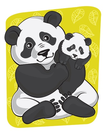 Cartoon fanny panda and panda baby on green backgroundのイラスト素材