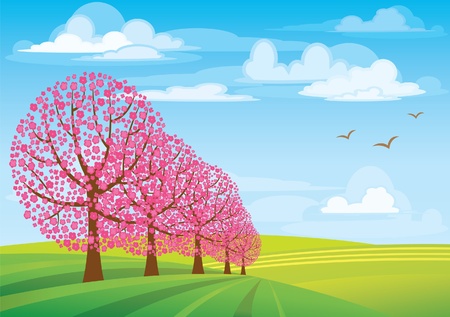 Group of pink trees on blue sky and green meadowのイラスト素材