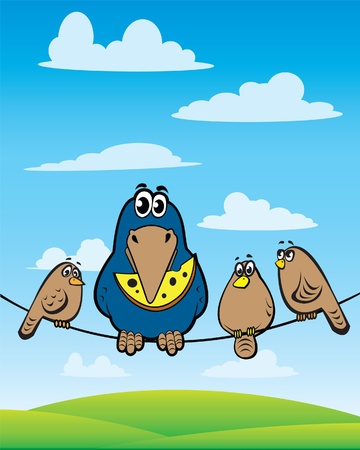 Cartoon crow with cheese sitting on the wire with a sparrowsのイラスト素材