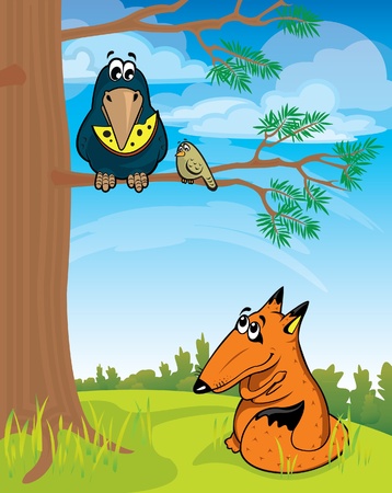 Cartoon fox looking at the crow with cheeseのイラスト素材