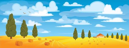 Haystack in yellow meadow on blue sky and green treesのイラスト素材