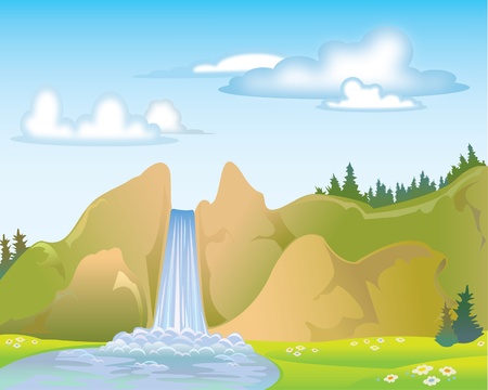 Woterfall on a blue sky and cloudsのイラスト素材