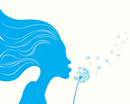Blue silhouette of woman and dandelionのイラスト素材