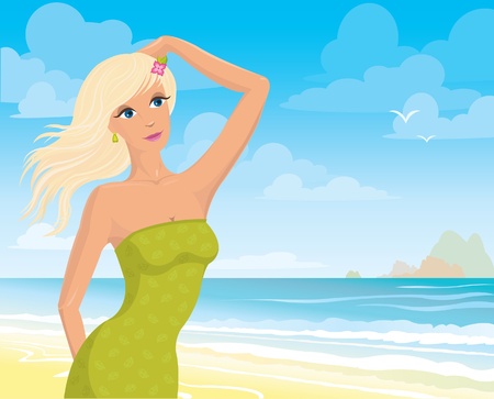 Pretty young woman in green dress on a sea backgroundのイラスト素材