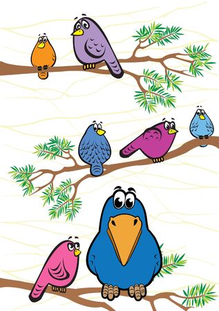 Funny colored birds and crow on a branchのイラスト素材
