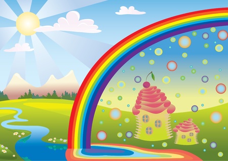 Fairy nature with a rainbow and meadowsのイラスト素材