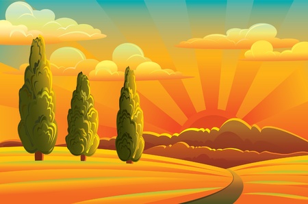 Group of green trees  and gold meadow on a sunset backgroundのイラスト素材