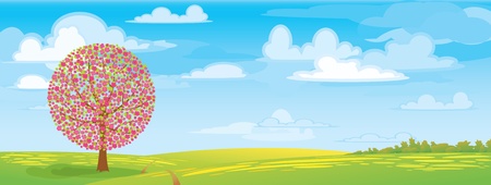 Pink flowering tree on a green meadow and blue skyのイラスト素材