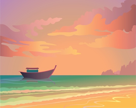 Sunset at sea with boat and islandsのイラスト素材