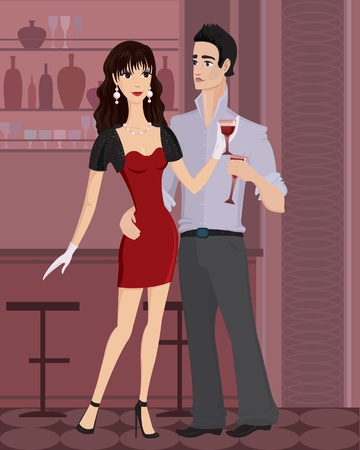 Beautiful yang woman and handsome man  with a glass of wine standing at the barのイラスト素材