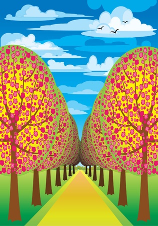 Alley with flowering pink trees and road on a blue skyのイラスト素材