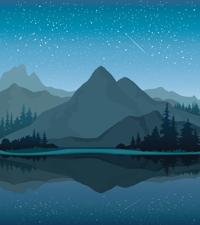Vector night landscape with mountains, lake and forest on a starry sky backgroundのイラスト素材