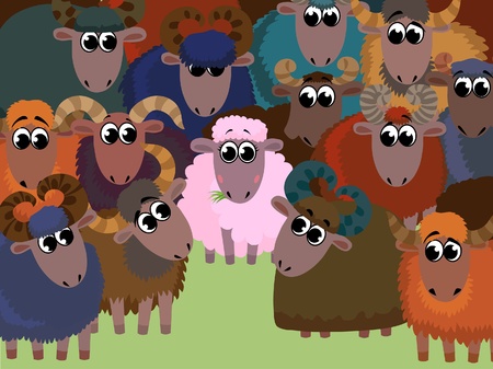 Funny cartoon with one pink pretty sheep and group colored ramsのイラスト素材