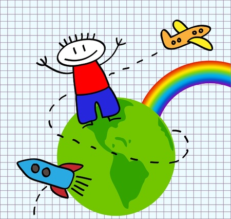 Funny vector picture with the boy, rainbow, green earth and flying rocket and aircraftのイラスト素材