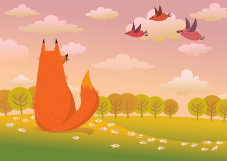Cartoon red fox and flying birds on a sunset natureのイラスト素材