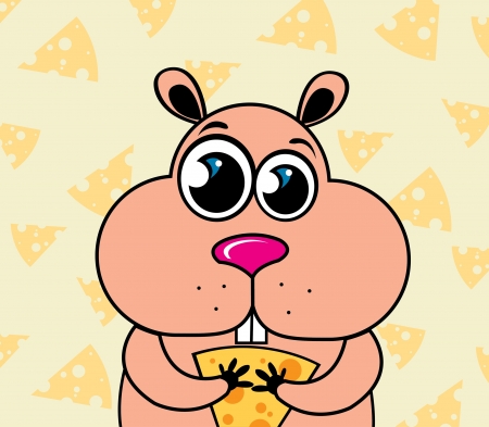 Cartoon funny hamster with cheese slice  on a yellow  backgroundのイラスト素材