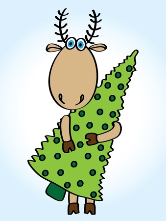 Cartoon funny deer with green christmas tree on a blue backgroundのイラスト素材