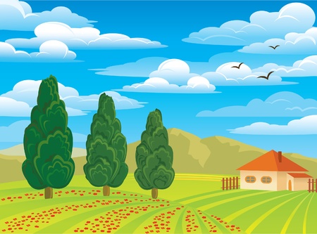 summer green landscape with trees, house and red flowers on a blue cloudy sky backgroundのイラスト素材