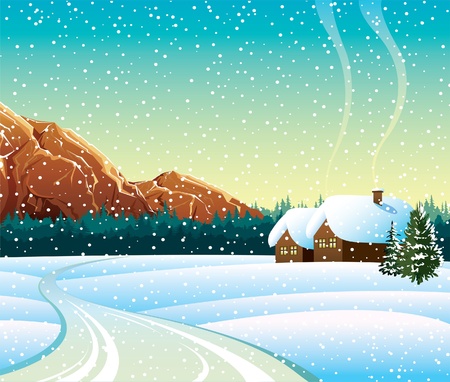 Vector winter landscape with house, road and mountainsのイラスト素材