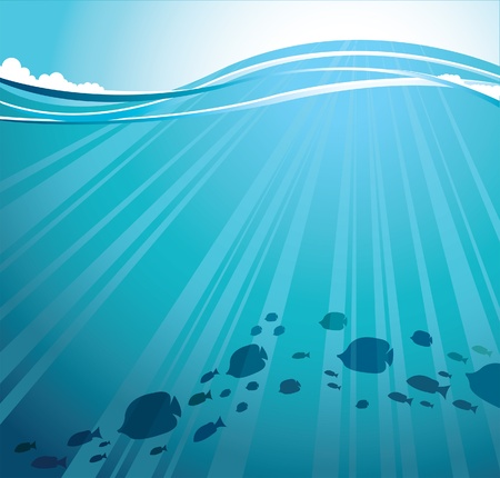 Silhouettes of fish and sun rays in a seaのイラスト素材