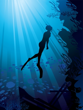 Silhouette of freediver and marine reef on a sun ray in seaのイラスト素材