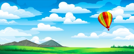 Colored balloon on a blue cloudy sky and green meadow with mountains and forestのイラスト素材