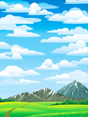 Green summer landscape with meadow, forest and mountains on a blue cloudy sky のイラスト素材