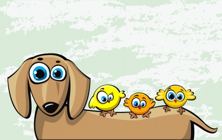 Funny cartoon brown dachshund dog and three yellow birds on a abstract backgroundのイラスト素材