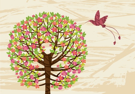 Spring green tree with pink flowers and flying hummingbirdのイラスト素材