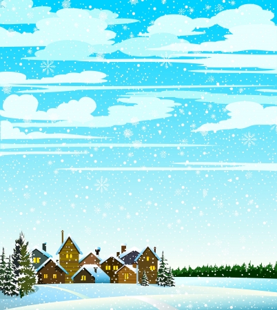 Winter landscape with houses, forest and snowfallのイラスト素材