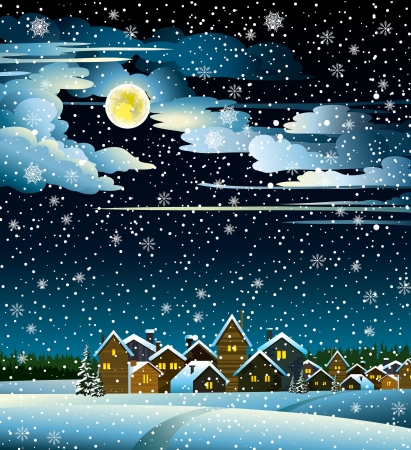 Winter landscape with snow houses, forest and fool moonのイラスト素材