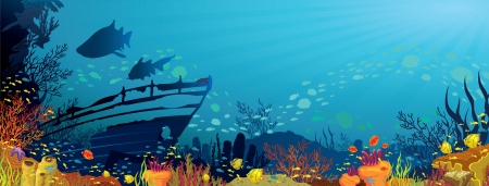 Colored coral reef with fish, sharks and silhouette of sunken ship on blue sea backgroundのイラスト素材
