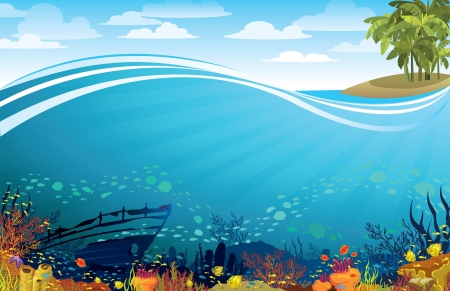 Coral reef with fith and silhouette of sunken ship under the island with palm treesのイラスト素材